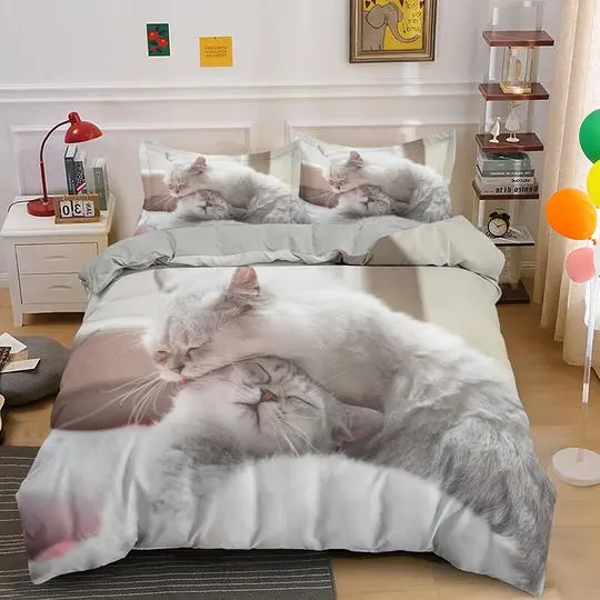 Cat Duvet Cover Set for Teens Adults, 3D Printed Grey Furry Cats Playing Bedding Set Gift For Your Girlfriend Boyfriend Gift For Love Gift For Friend Best Valentine Present Holiday Gift