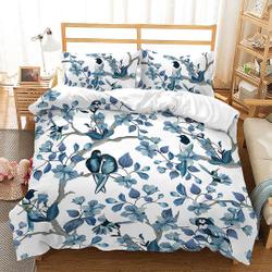 Floral Plants Duvet Cover Set for Teens Adults, Dark Blue Bird and Tree Ink Painting Bedding Set Gift For Your Girlfriend Boyfriend Gift For Love Gift For Friend Best Valentine Present Holiday Gift