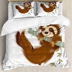 Sloth Duvet Cover Set of 2, Happy Cheerful Animal Swinging on Tree Branch Bedding Set Gift For Your Girlfriend Boyfriend Gift For Love Gift For Friend Best Valentine Present Holiday Gift