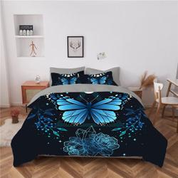 Butterfly Duvet Cover Set for Teens Adults, Blue Rose Pattern and Butterfly Bedding Set Gift For Your Girlfriend Boyfriend Gift For Love Gift For Friend Best Valentine Present Holiday Gift