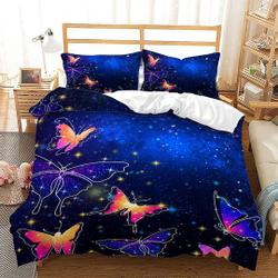 Butterfly Duvet Cover Sets, Blue Starry Sky Colorful Cartoon Flying Butterflies Bedding Set Gift For Your Girlfriend Boyfriend Gift For Love Gift For Friend Best Valentine Present Holiday Gift