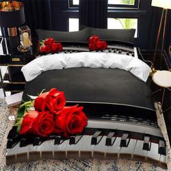 Music Duvet Cover Set for, Dainty Rose Black Textured Piano Bedding Set Gift For Your Girlfriend Boyfriend Gift For Love Gift For Friend Best Valentine Present Holiday Gift