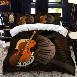 Music Duvet Cover Set for, Animated Wooden Guitar Music Bedding Set Gift For Your Girlfriend Boyfriend Gift For Love Gift For Friend Best Valentine Present Holiday Gift