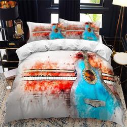 Music Duvet Cover Set for, Fond Memory Blue Guitar Dreams Bedding Set Gift For Your Girlfriend Boyfriend Gift For Love Gift For Friend Best Valentine Present Holiday Gift