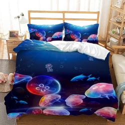 Marine Life Duvet Cover Set for Teens Adults, Jellyfish and Sharks Under The sea Bedding Set Gift For Your Girlfriend Boyfriend Gift For Love Gift For Friend Best Valentine Present Holiday Gift