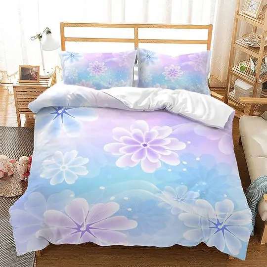 Flower Duvet Cover Set for Teens Adults, Blue and Purple Gradient Transparent Cartoon Bedding Set Gift For Your Girlfriend Boyfriend Gift For Love Gift For Friend Best Valentine Present Holiday Gift