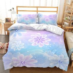 Flower Duvet Cover Set for Teens Adults, Blue and Purple Gradient Transparent Cartoon Bedding Set Gift For Your Girlfriend Boyfriend Gift For Love Gift For Friend Best Valentine Present Holiday Gift