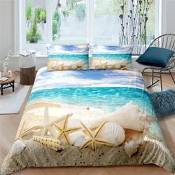 Starfish Duvet Cover Set, Rustic Wood Boards Fishing Net and The Ocean Animal Bedding Set Gift For Your Girlfriend Boyfriend Gift For Love Gift For Friend Best Valentine Present Holiday Gift