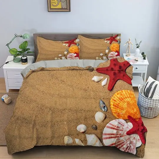 Seashell Starfish Duvet Cover Set King Size, Wood Stripes Bedding Set Gift For Your Girlfriend Boyfriend Gift For Love Gift For Friend Best Valentine Present Holiday Gift