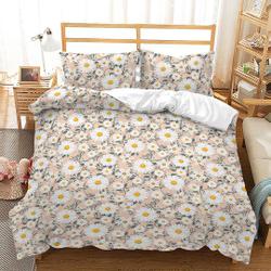 Floral Duvet Cover Set for Teens Adults, White Cartoon Delicate Daisy Bedding Set Gift For Your Girlfriend Boyfriend Gift For Love Gift For Friend Best Valentine Present Holiday Gift