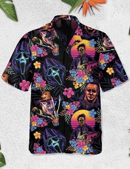 Horror Movie Retro Hawaii Shirt, Horror Movie Button Down Shirt Gift For Your Girlfriend Boyfriend Gift For Love Gift For Friend Best Valentine Present Holiday Gift