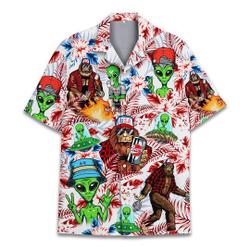 Bigfoot And Alien Hawaiian Shirts, Tropical Alien Bigfoot Sasquatch Summer Aloha Gift For Your Girlfriend Boyfriend Gift For Love Gift For Friend Best Valentine Present Holiday Gift