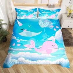 Cute Cartoon Whales Duvet Cover, Lovely Unicorn Fairy Tale Animal Bedding Set Gift For Your Girlfriend Boyfriend Gift For Love Gift For Friend Best Valentine Present Holiday Gift