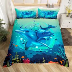 Cute Dolphins Duvet Cover, 3D Print Watercolor Ocean Animal Bedding Set Gift For Your Girlfriend Boyfriend Gift For Love Gift For Friend Best Valentine Present Holiday Gift