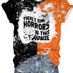 There's Some Horrors In This House Print T-Shirt, Pumpkin and Skeleton Halloween Tshirt Meaningful Gift For Family Gift For Boyfriend Valentine Gift