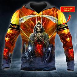 Grim Reaper On Fire Skull Custom 3D Hoodie, Skull Lovers, Grim Reaper