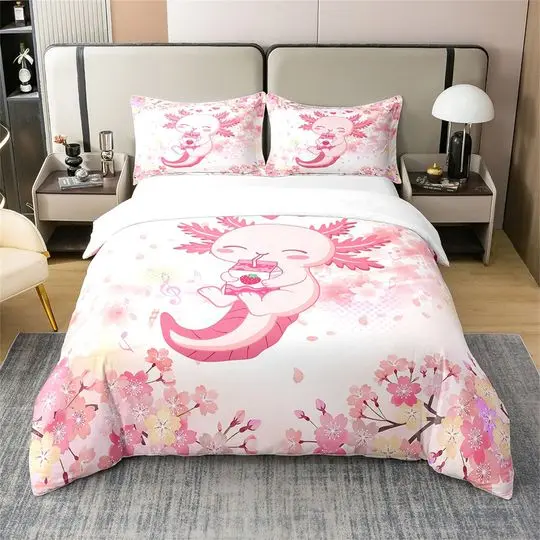 Axolotl 100% Cotton Duvet Cover, Lovely Ocean Animal Strawberry MilkGift For Your Girlfriend Boyfriend Gift For Love Gift For Friend Best Valentine Present Holiday Gift