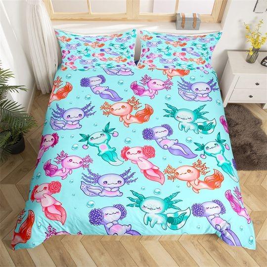Cartoon Axolotl Handmade Bedding Set, Cute Colorful Ocean Animal Duvet Cover, Water Ripple Dreamy Watercolor Comforter Cover