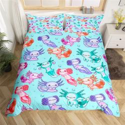 Cartoon Axolotl Handmade Bedding Set, Cute Colorful Ocean Animal Duvet Cover, Water Ripple Dreamy Watercolor Comforter Cover