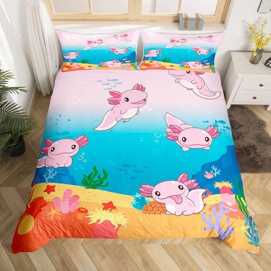 Pink Axolotl Duvet Cover for Kids, Cartoon Lovely Ocean Marine Life Bedding Set, Undersea World Animal Coral Starfish Quilt Cover, Handmade