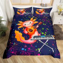 Cartoon Axolotl Duvet Cover, Cute Ocean Animal Musical Guitar Piano Print Bedding Set Gift For Your Girlfriend Boyfriend Gift For Love Gift For Friend Best Valentine Present Holiday Gift