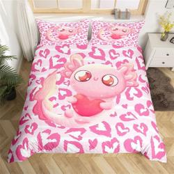 Cute Axolotl Handmade Duvet Cover, Romantic Pink Leopard Print HeartGift For Your Girlfriend Boyfriend Gift For Love Gift For Friend Best Valentine Present Holiday Gift