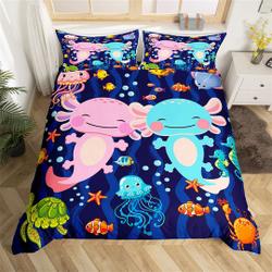 Cute Axolotl Duvet Cover, Cartoon Jellyfish Turtle Undersea AnimalGift For Your Girlfriend Boyfriend Gift For Love Gift For Friend Best Valentine Present Holiday Gift