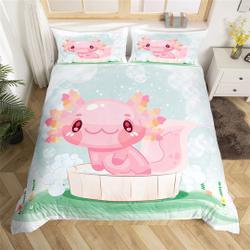 Cute Cartoon Axolotl Duvet Cover, Watercolor Pink Lovely Wild Animal Bedding Set Gift For Your Girlfriend Boyfriend Gift For Love Gift For Friend Best Valentine Present Holiday Gift