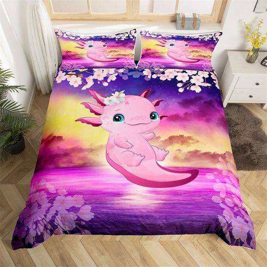 Pink Axolotl Duvet Cover, Cartoon Lovely Ocean Animal Bedding Set Gift For Your Girlfriend Boyfriend Gift For Love Gift For Friend Best Valentine Present Holiday Gift