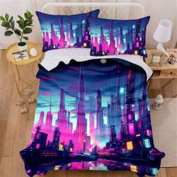 Cyberpunk City Night 3pcs Comforter set Nocturnal Neon Bedding Set Gift For Your Girlfriend Boyfriend Gift For Love Gift For Friend Best Valentine Present Holiday Gift