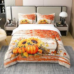 Autumn Pumpkin 100% Cotton Bedding Set, Fall Maple Leaves SunflowerGift For Your Girlfriend Boyfriend Gift For Love Gift For Friend Best Valentine Present Holiday Gift
