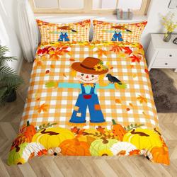Cartoon Scarecrow, Nature Autumn Pumpkin Sunflower Maple Leaves Bedding Set Gift For Your Girlfriend Boyfriend Gift For Love Gift For Friend Best Valentine Present Holiday Gift