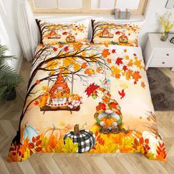 Autumn Harvest Duvet Cover, Cartoon Gnome Rustic Botanical Bedding Set Gift For Your Girlfriend Boyfriend Gift For Love Gift For Friend Best Valentine Present Holiday Gift