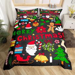 Merry Christmas Bedding Set for Kids, Cartoon Santa Gingerbread Jingle Bell Duvet Gift For Your Girlfriend Boyfriend Gift For Love Gift For Friend Best Valentine Present Holiday Gift