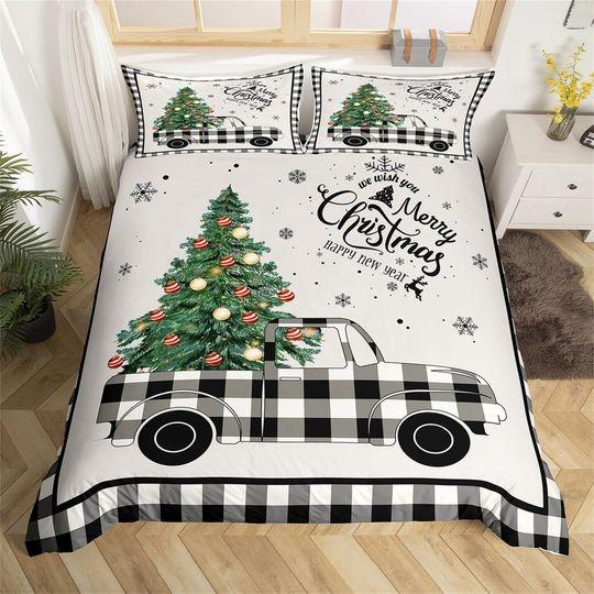 Christmas Truck Retro Bedding Set, Winter Snowflake Pine Tree Rustic Duvet Cover GeometricGift For Your Girlfriend Boyfriend Gift For Love Gift For Friend Best Valentine Present Holiday Gift