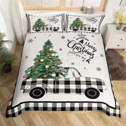 Christmas Truck Retro Bedding Set, Winter Snowflake Pine Tree Rustic Duvet Cover GeometricGift For Your Girlfriend Boyfriend Gift For Love Gift For Friend Best Valentine Present Holiday Gift
