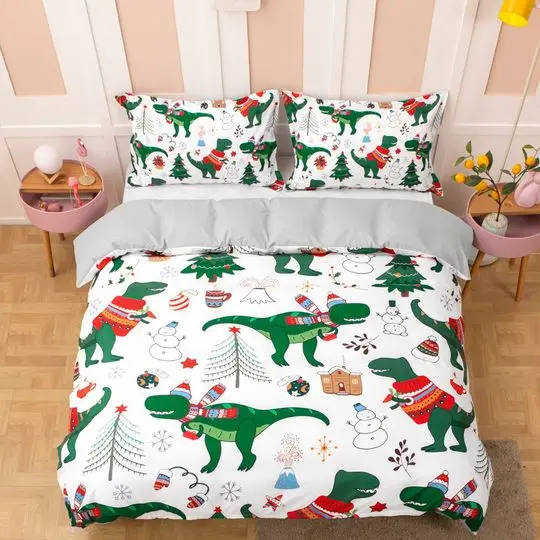 3D Christmas Duvet Covers Set, Dinosaur Quilt Cover, Snowman Bedding Set, Pine Tree Doona Cover, Green King bedding