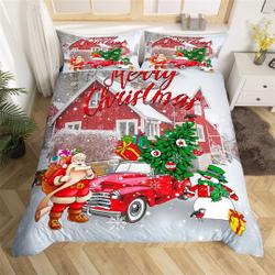 Cute Santa Handmade Duvet Cover, Watercolor Christmas Pine Bedding Set, Snowy House New Year Quilt Cover
