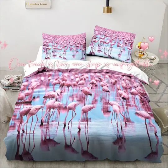 Pink Flamingo Three-Piece Bedding Set: Handcrafted Luxurious Sleep and Home Decor GiftGift For Your Girlfriend Boyfriend Gift For Love Gift For Friend Best Valentine Present Holiday Gift