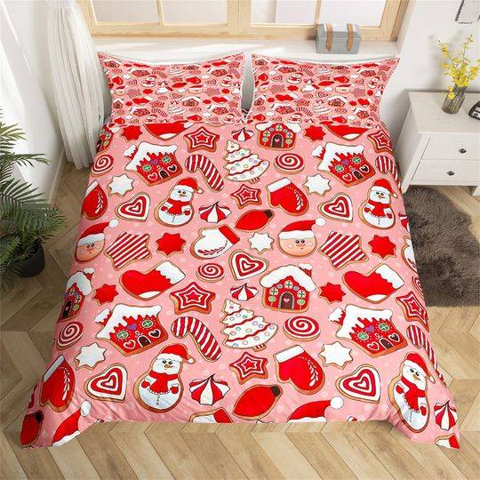 Christmas Handmade Bedding Set, Cartoon Gingerbread Santa Claus Duvet Cover for New Year, Cute Snowman Xmas Tree Quilt