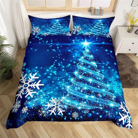 Romantic Christmas Tree Duvet Cover, Winter Snowflake Bling Bedding Set, Handmade BlueGift For Your Girlfriend Boyfriend Gift For Love Gift For Friend Best Valentine Present Holiday Gift