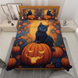 Cute Black Cat Pumpkin Halloween Quilt Bedding set, Stained Glass Jack-o'-lantern Spooky Season Quilt Blanket,  Halloween Decor