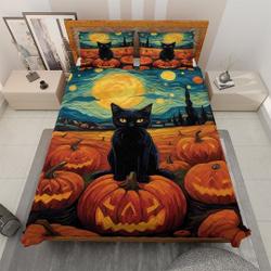 Cute Evil Black Cat Witch Pumpkin in Starry Night Halloween Quilt Bedding set, Jack-o'-lantern Spooky Season Quilt Blanket, Halloween Decor