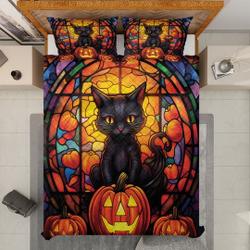 Vintage Black Cat Witch Pumpkin Halloween Quilt Bedding set, Stained Glass Jack-o'-lantern Spooky Season Quilt Blanket,  Halloween Decor