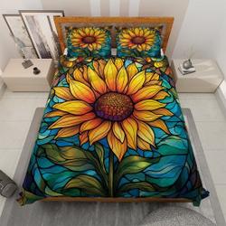 Colorful Sunflowers Bedding set, Vintage Stained Glass Art Quilt Blanket, Christmas Fall House Decoration, Hippie Style Bohemian Gypsy Style