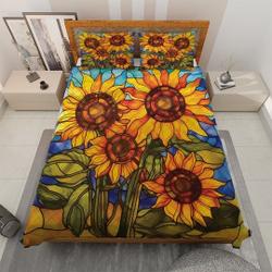 Colorful Sunflowers Bedding set, Vintage Stained Glass Art Quilt Blanket, Christmas Fall House Decor, Hippie Style Bohemian Gypsy Style