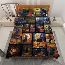 Vintage Black Witch Cat Halloween Quilt Bedding set, Retro Cat Witch Quilt Blanket, Vintage Home Decor, Halloween gifts, Halloween decor