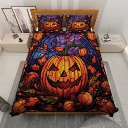 Vintage Pumpkin Halloween Night Bedding set, Retro Pumpkin Jack-o'-lantern Autumn Fall Quilt Blanket Gift For Your Girlfriend Boyfriend Gift For Love