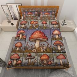 Vintage Mushroom Hippie Style Bedding sets, Retro Autumn Fall Quilt Blanket, Christmas House Decor, Bohemian Gypsy Style Mushroom Blanket