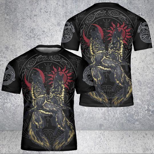 Viking Wolf Sun and Moon Viking, Vikings 3D T-Shirt Meaningful Gift For Family Gift For Boyfriend Valentine Gift